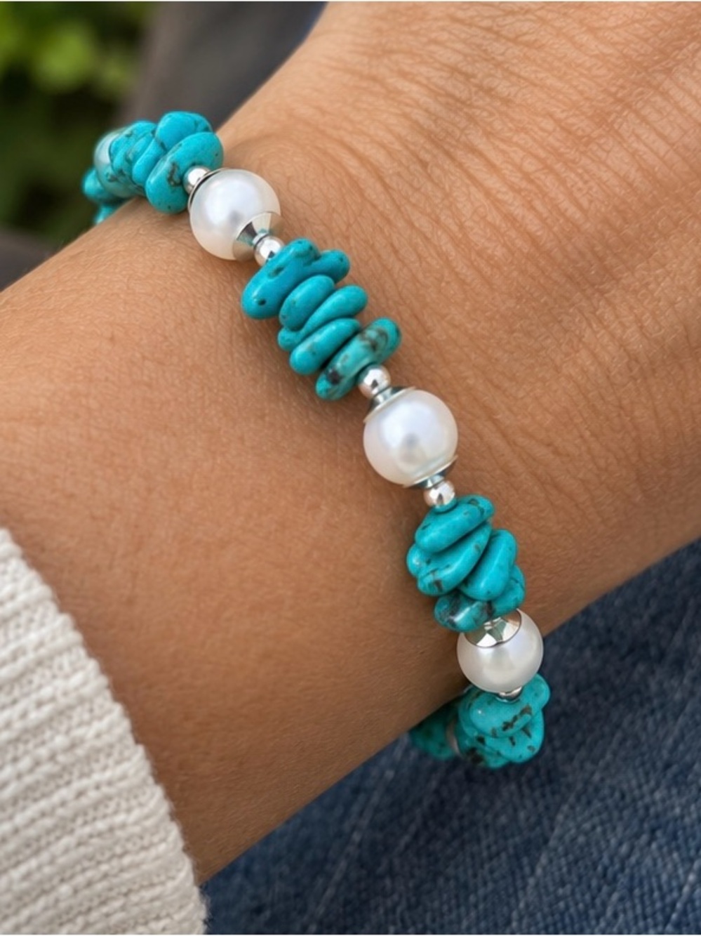 Turquoise & Pearl Artisan Bracelet Stainless Steel Toggle